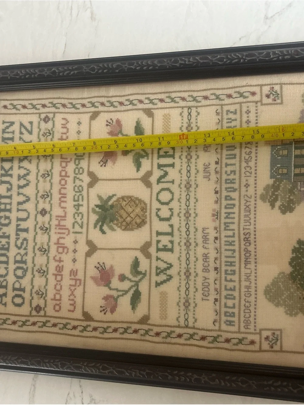 Vintage 1987 Framed Cross Stitch Sampler Welcome Pineapple Farmhouse Wall Art